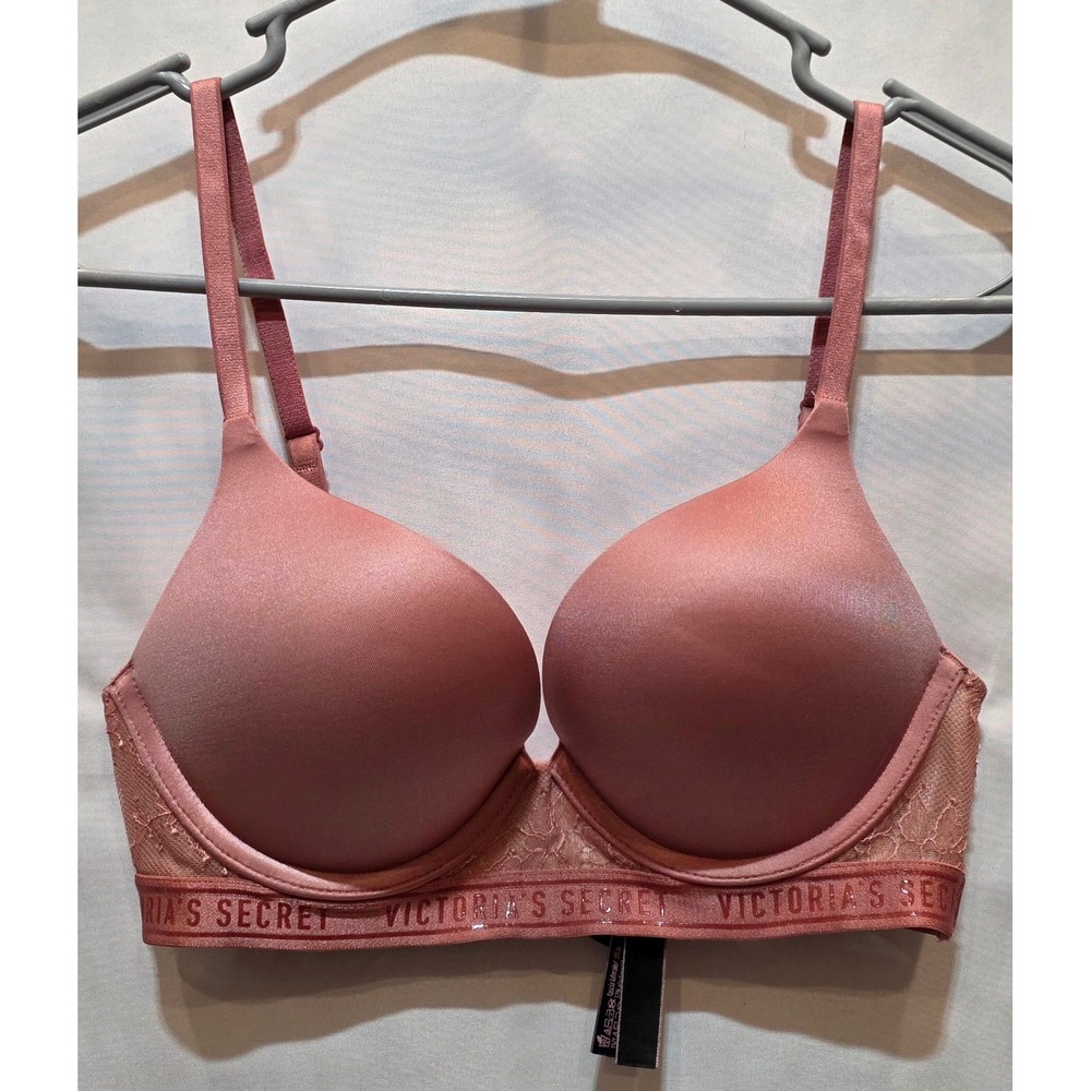 Victoria's Secret Bombshell Push-Up Bra 32B Pink Logo Lace Mesh 391066-GUR